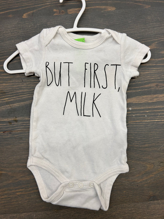 Rae dunn 3/6m first milk onesie