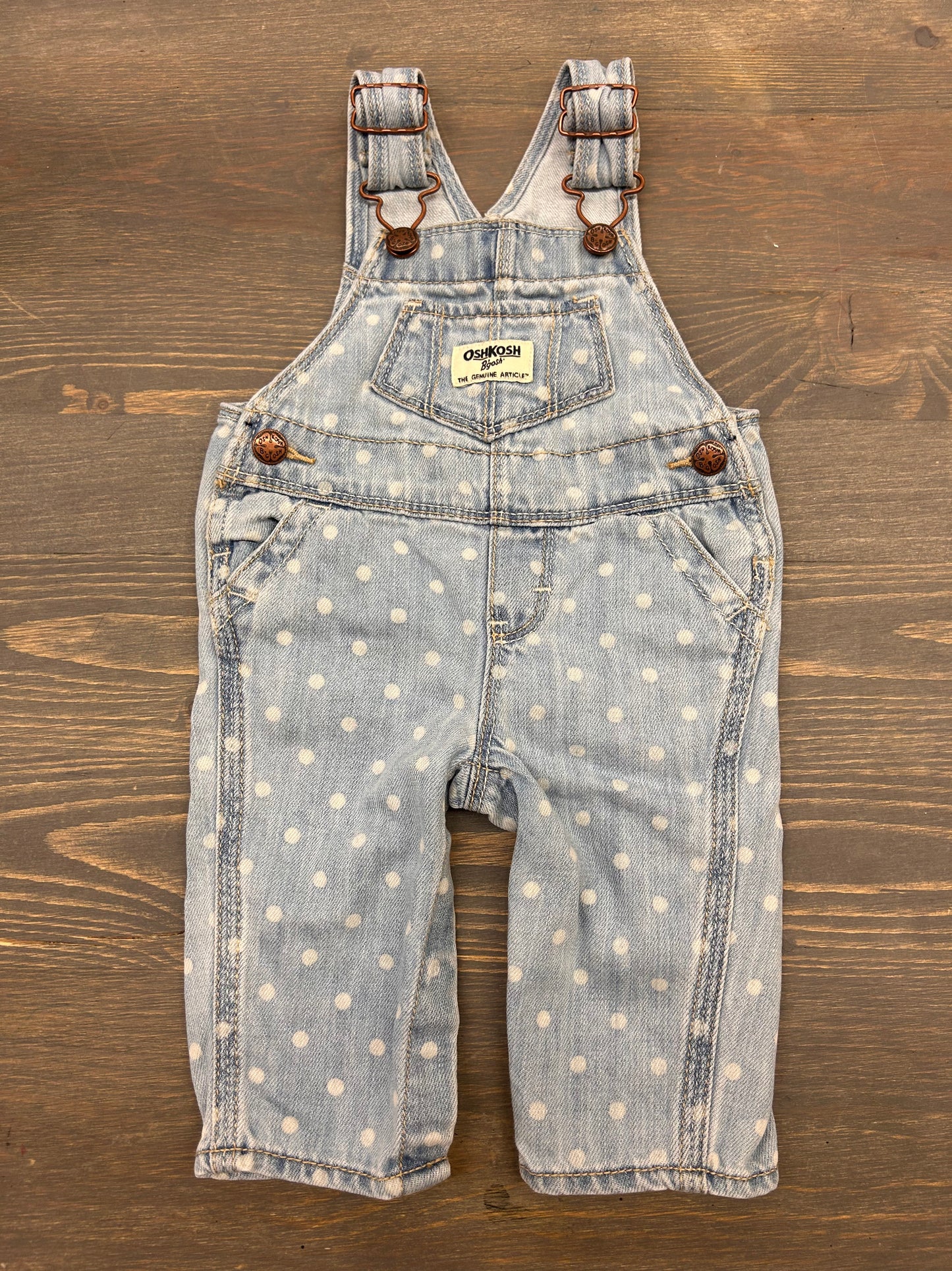 Oshkosh 3m light wash denim polka dot overalls