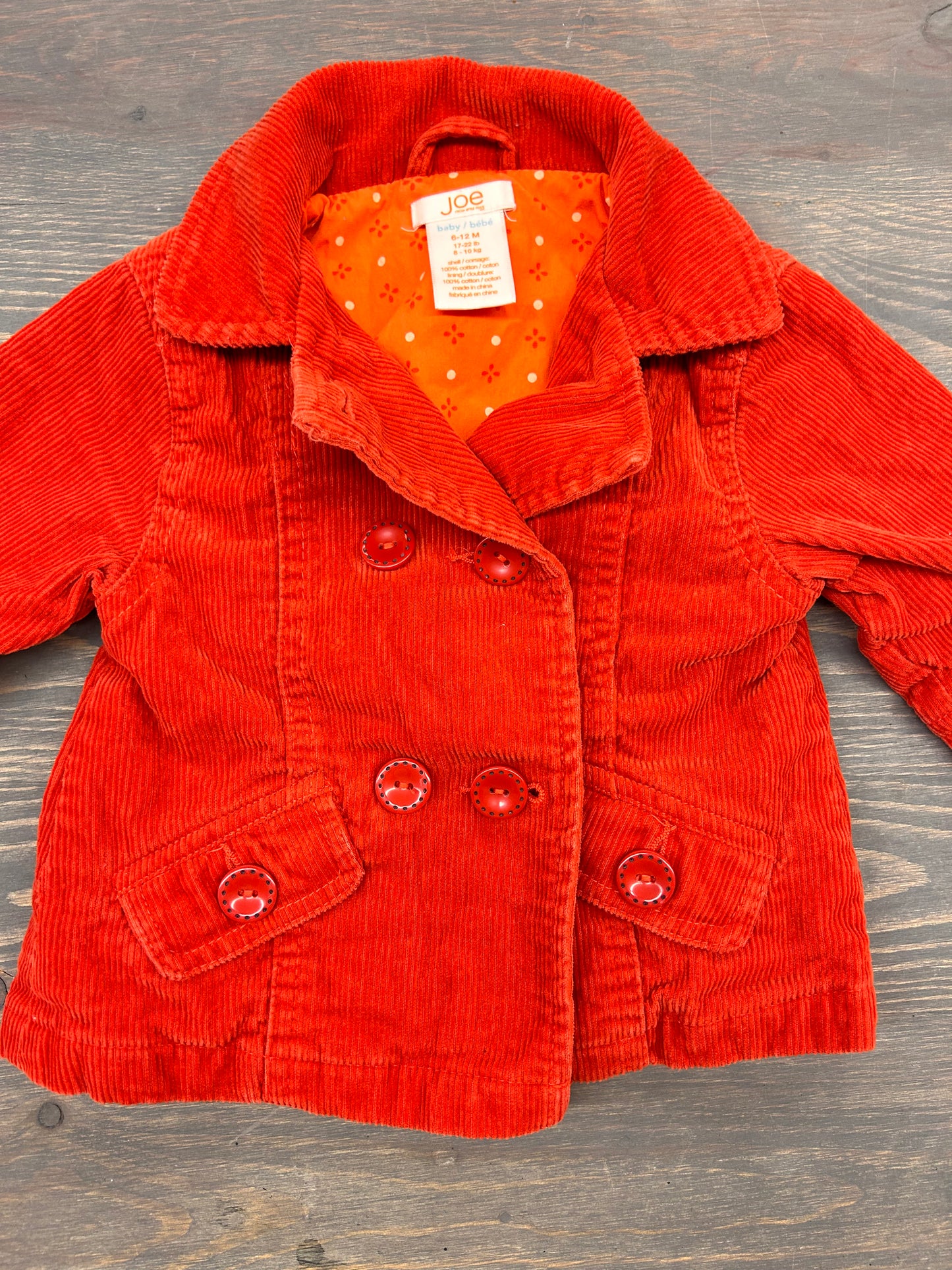 Joe fresh 6/12m orange corduroy jacket