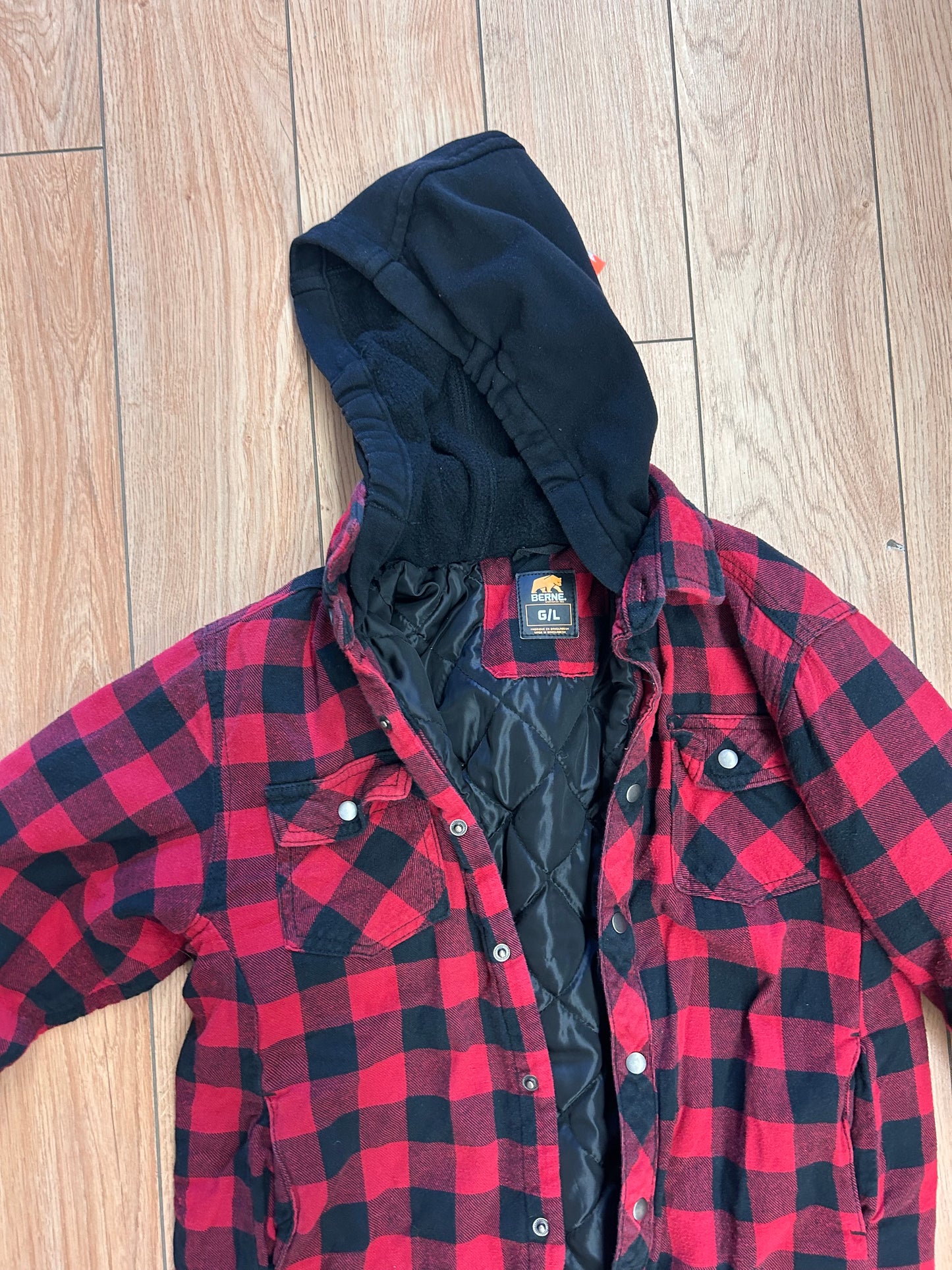 Berne youth large red & black gingham hooded jacket