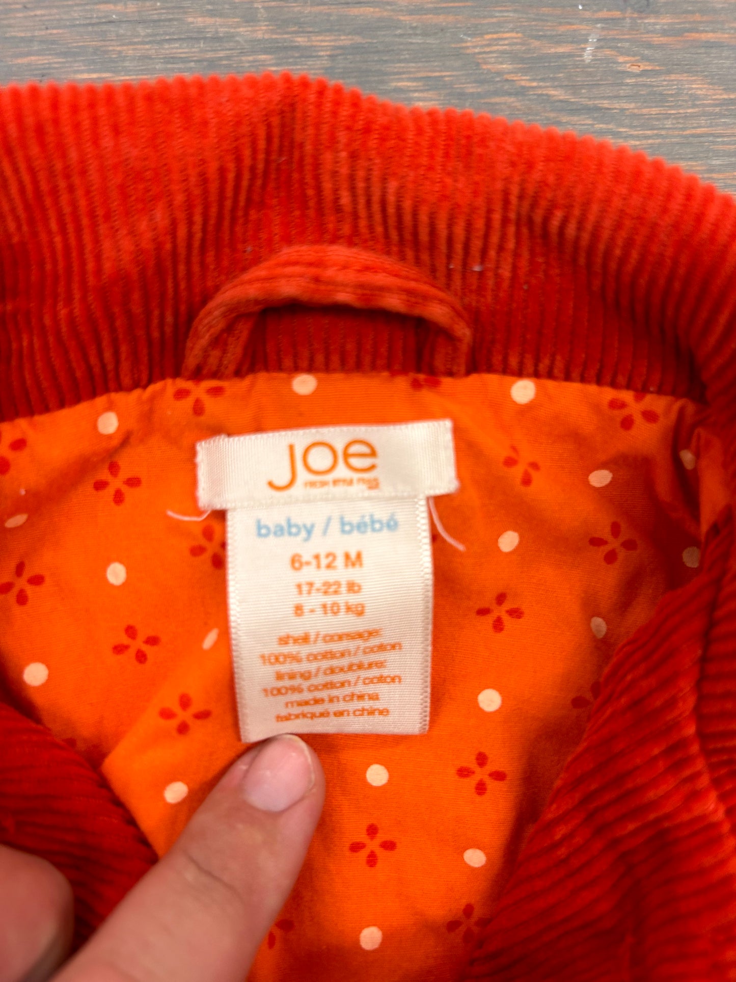 Joe fresh 6/12m orange corduroy jacket