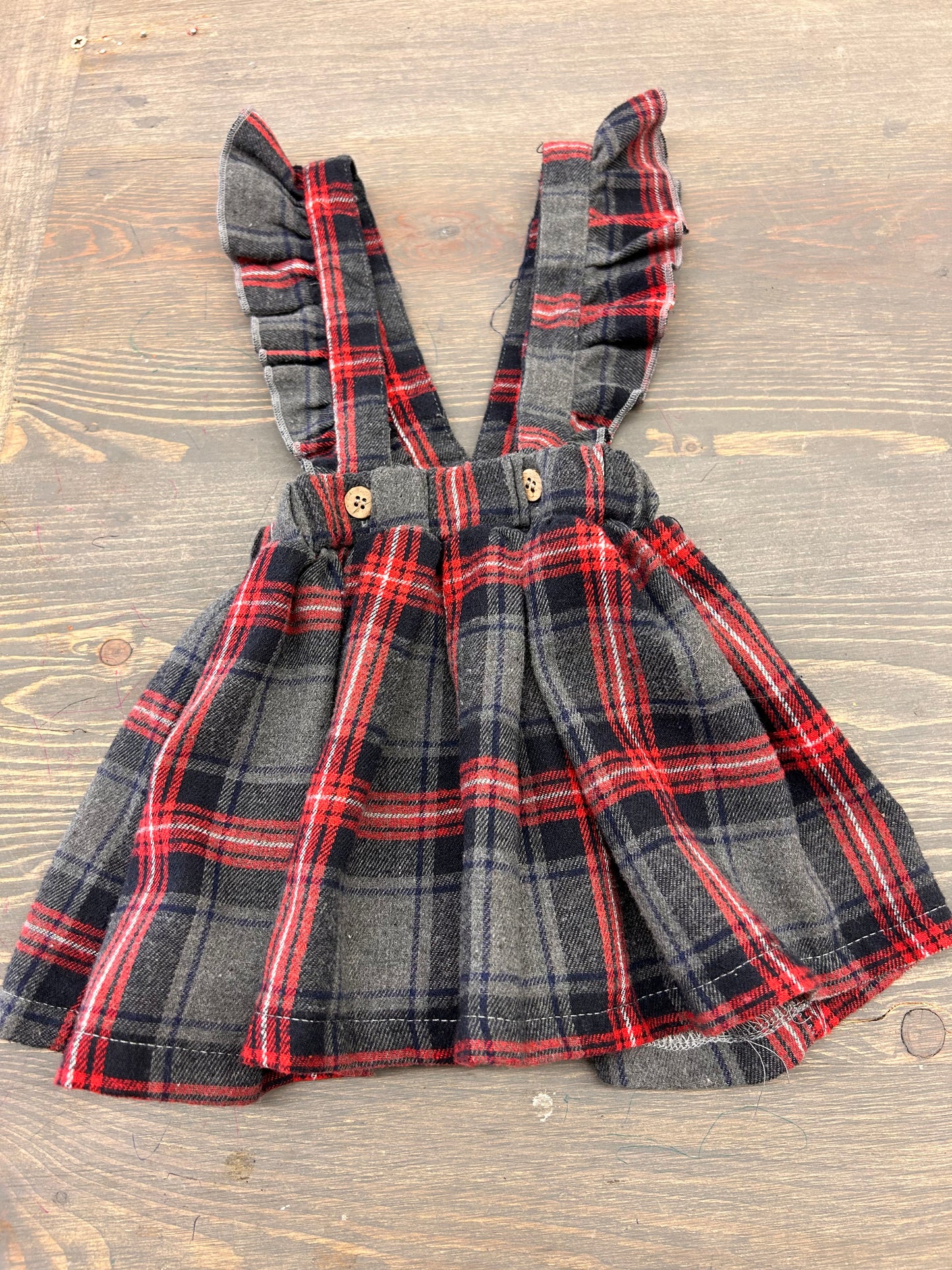 Monkey bars 18m grey & red plaid skirted overalls