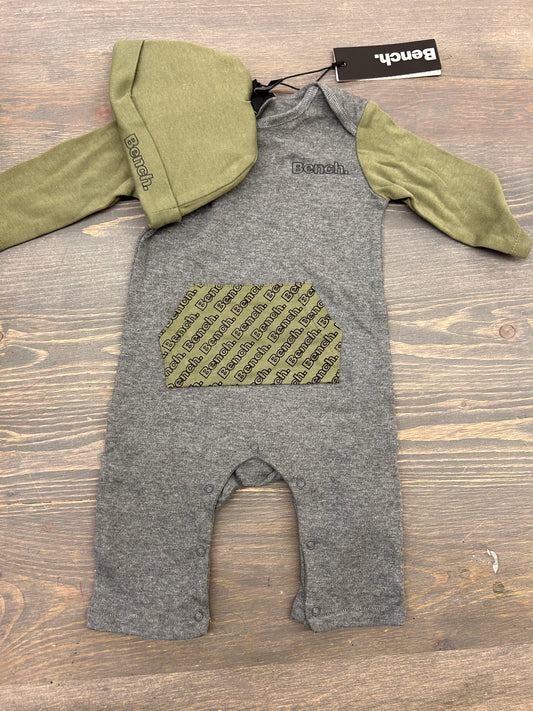 NEW bench 3/6m grey & green romper set