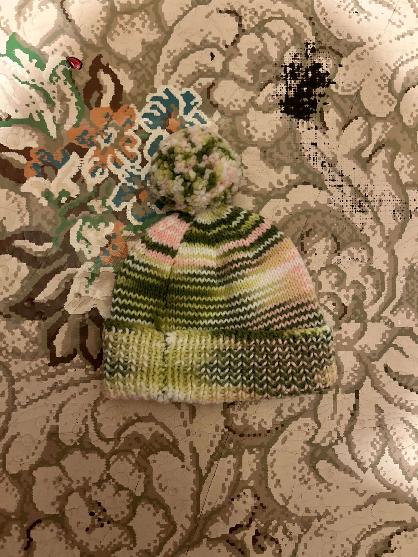 Handmade toddler pink & green knit hat