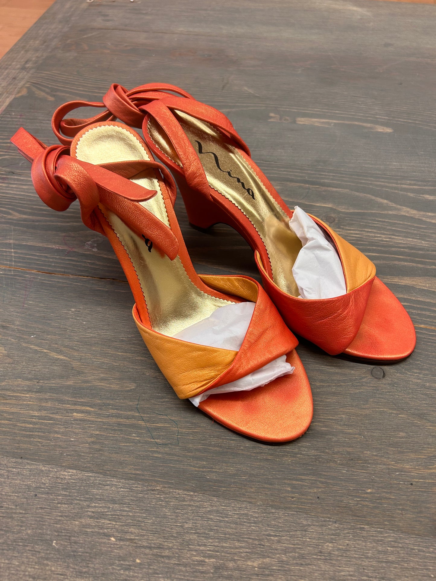 Nina 9 metallic orange peep toe strapy high heels