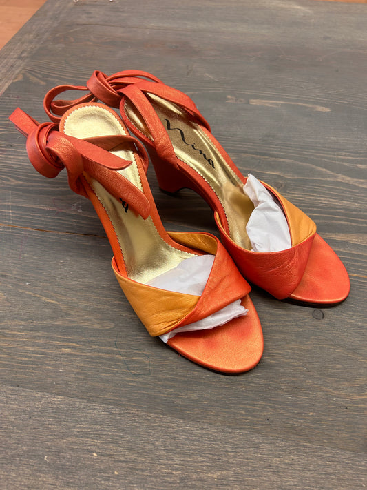 Nina 9 metallic orange peep toe strapy high heels