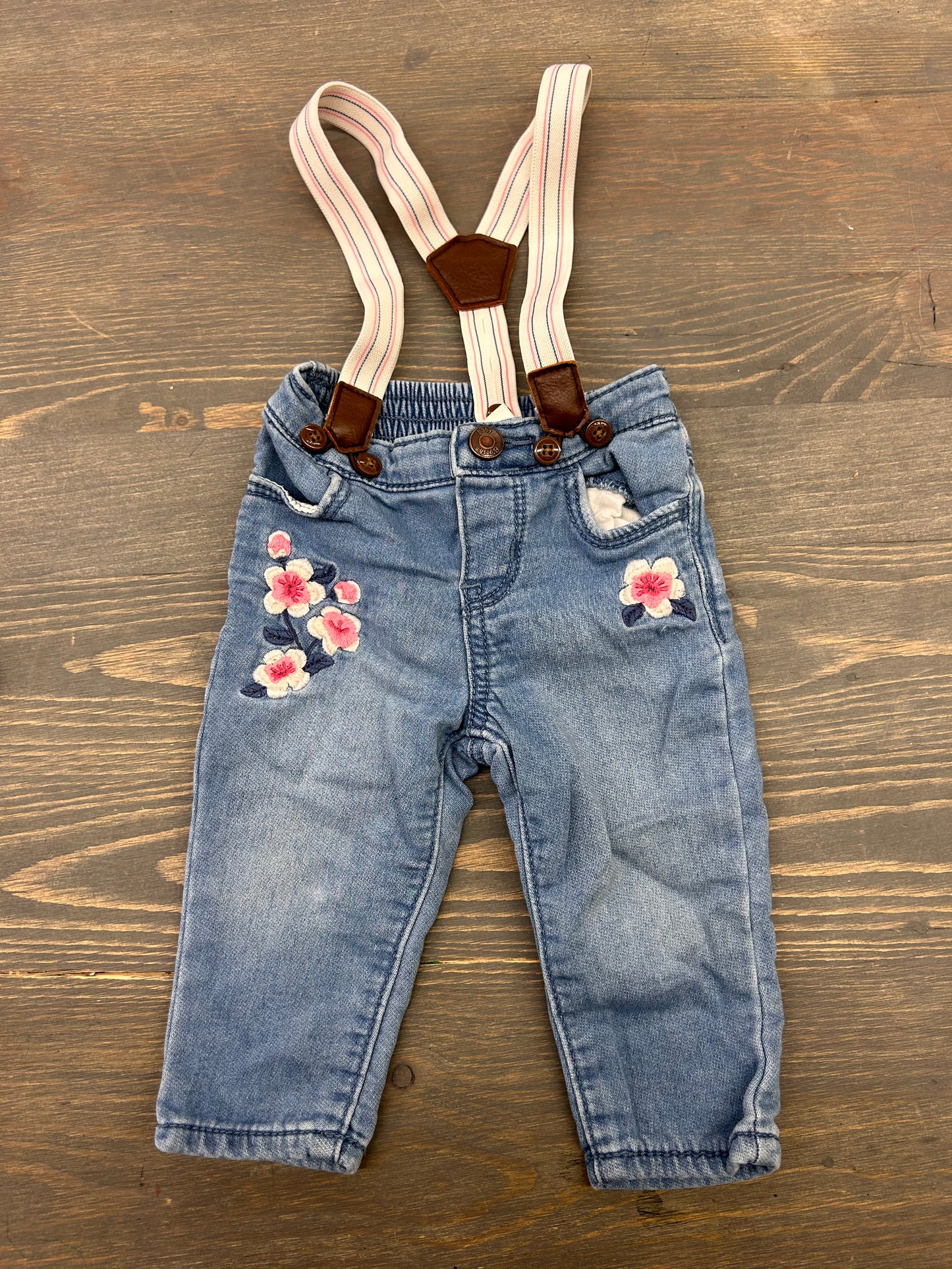 Oshkosh 3/6m floral embroidered suspenders jeans