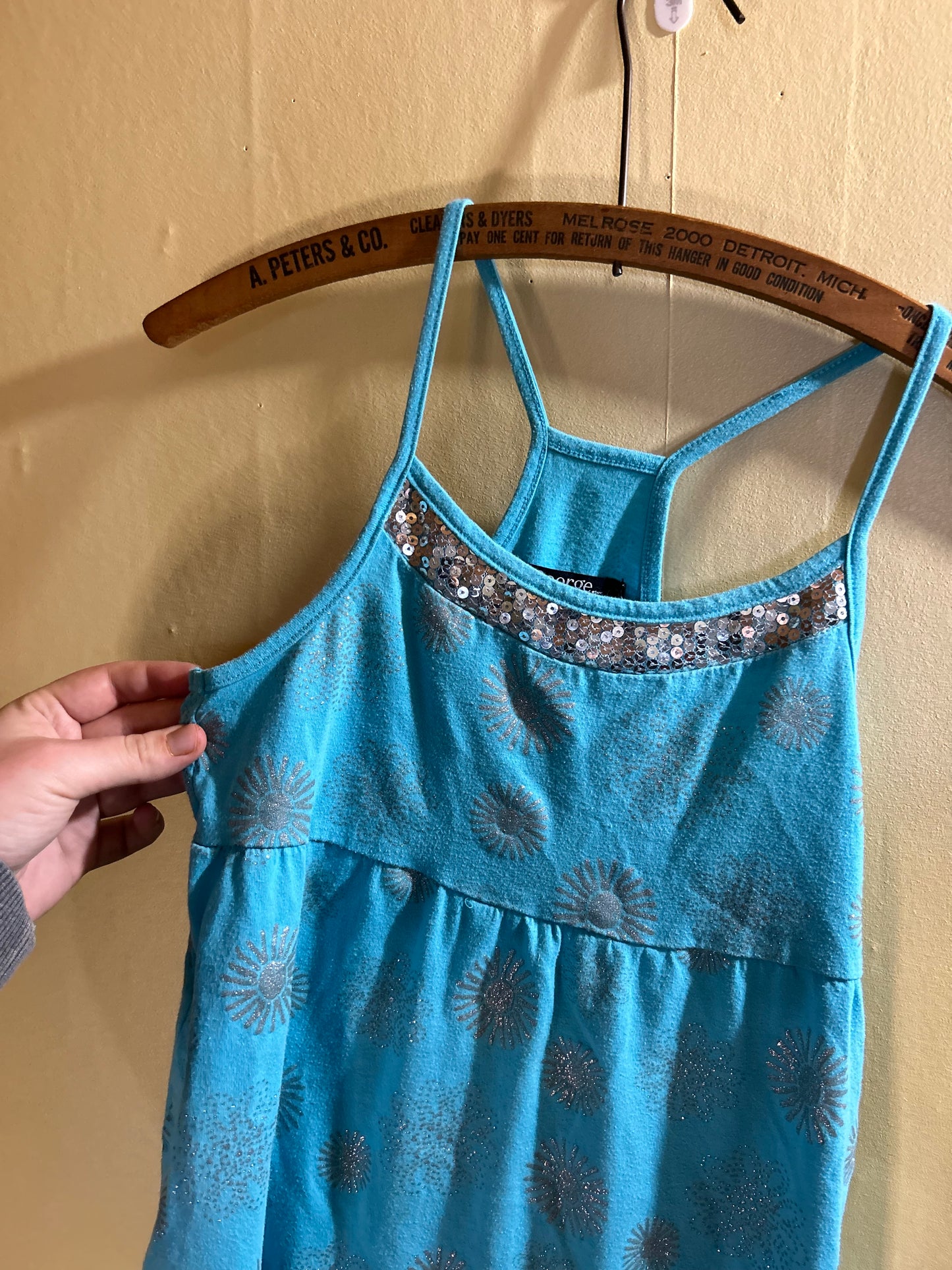 George youth medium teal & silver floral tank dress