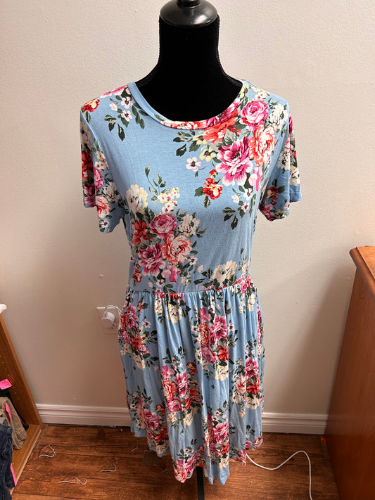 Large blue & pink floral knee length dress