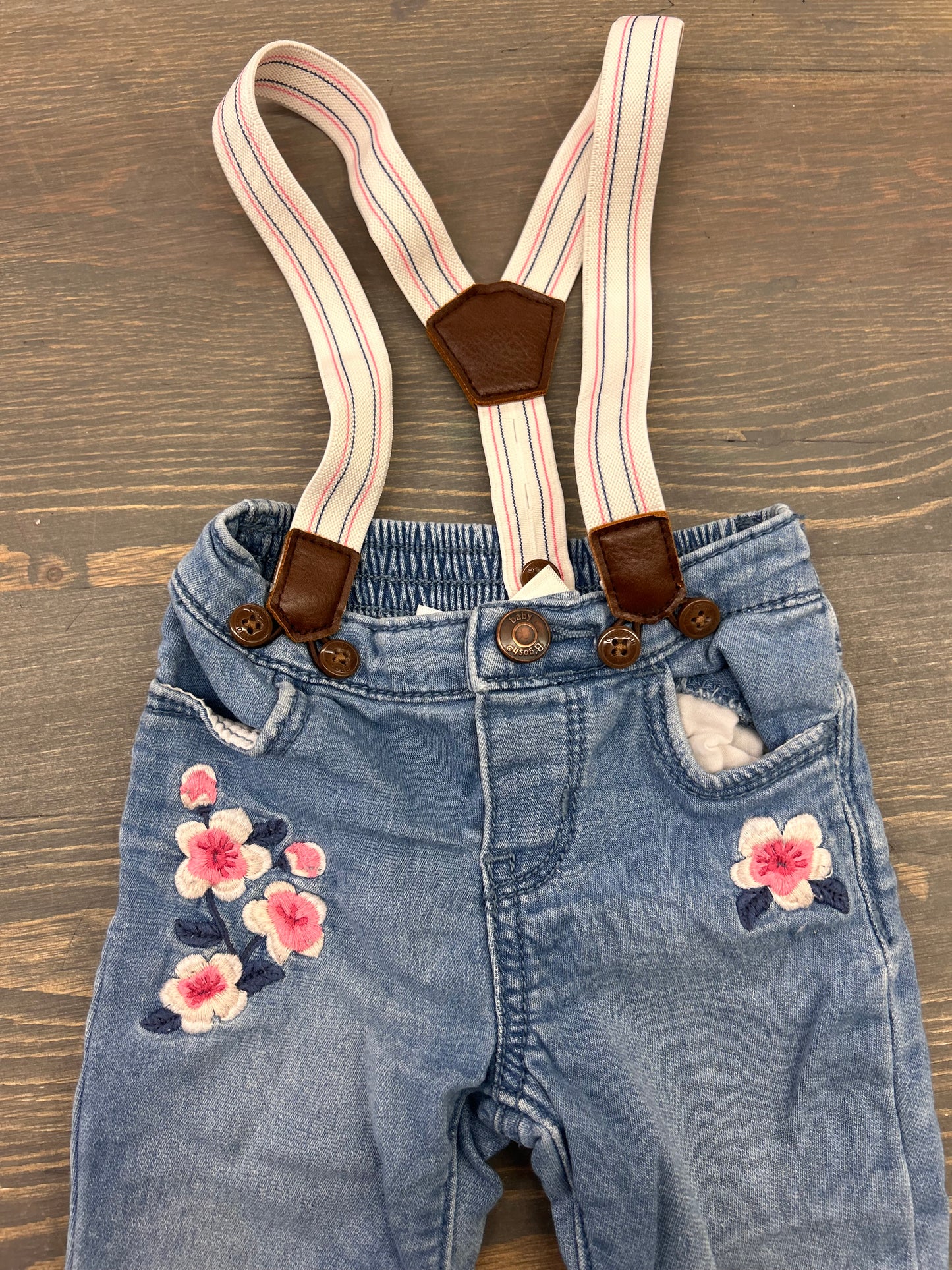 Oshkosh 3/6m floral embroidered suspenders jeans