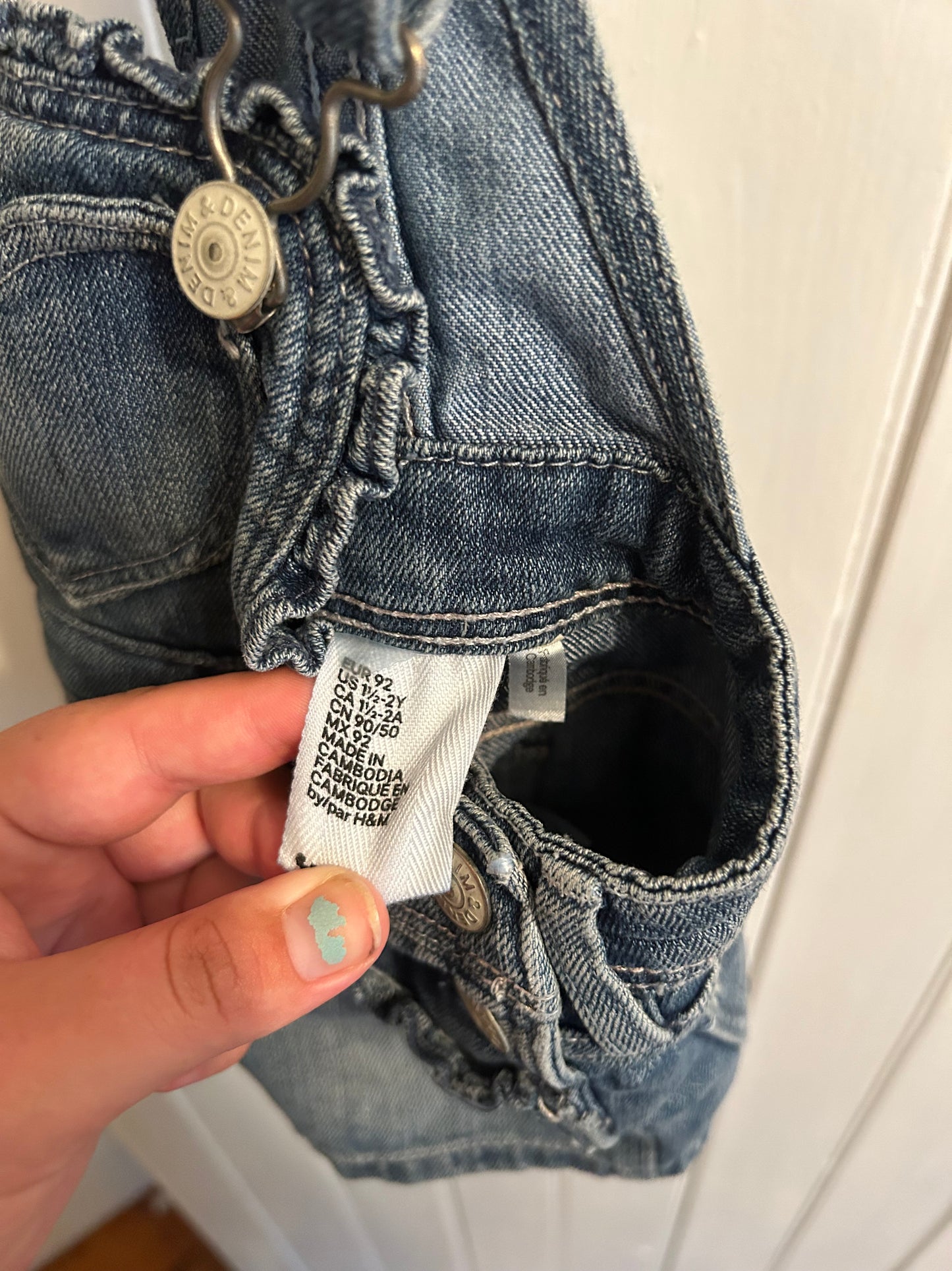 H&M 18/24m medium wash heart denim overalls