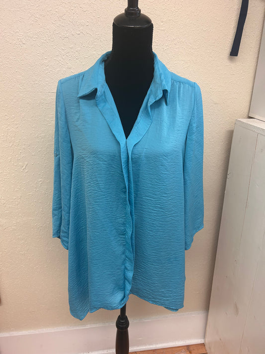 Size 6 teal linen vneck ruffle shirt