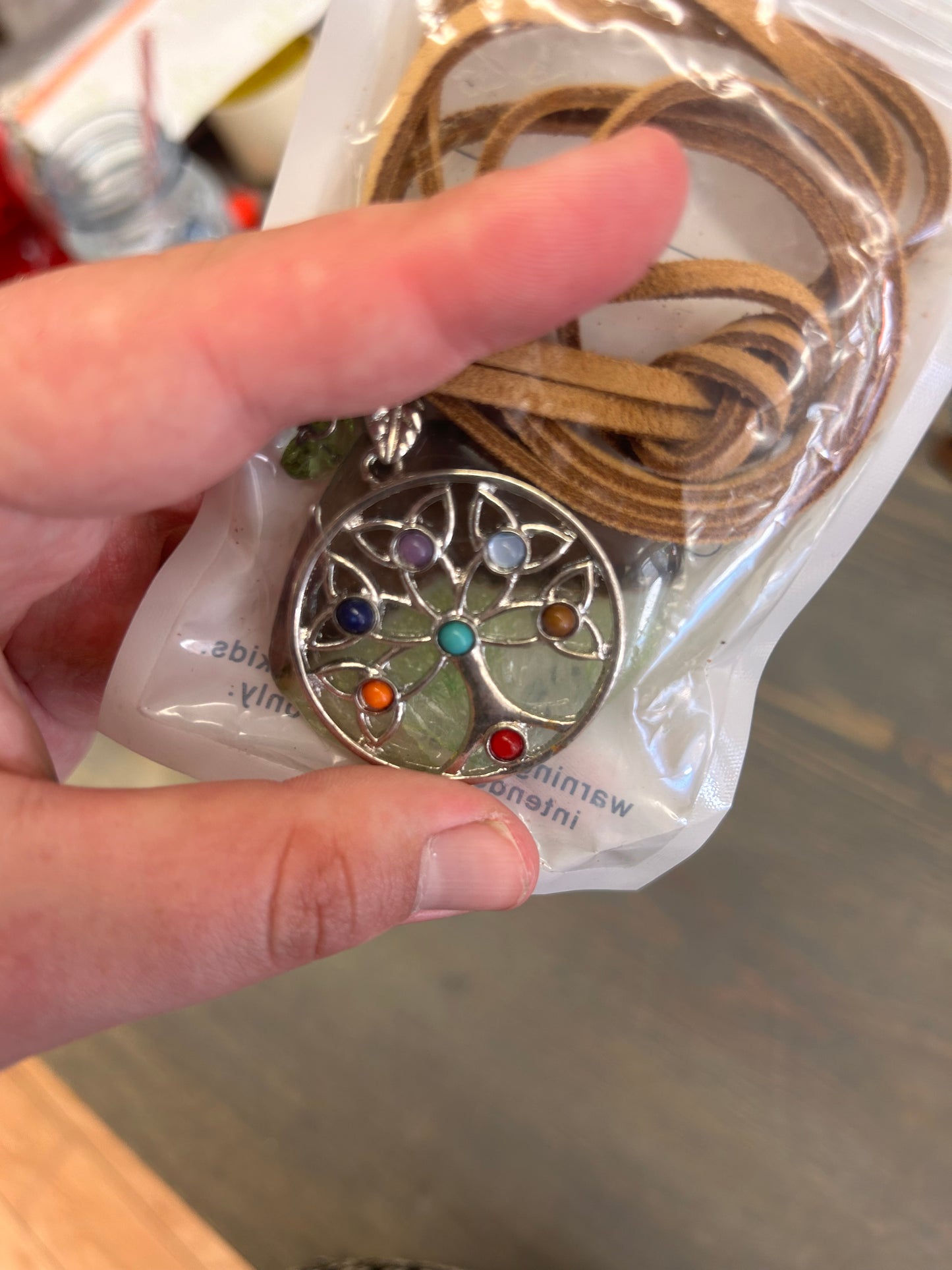 Multicoloured tree of life gemstone pendant necklace