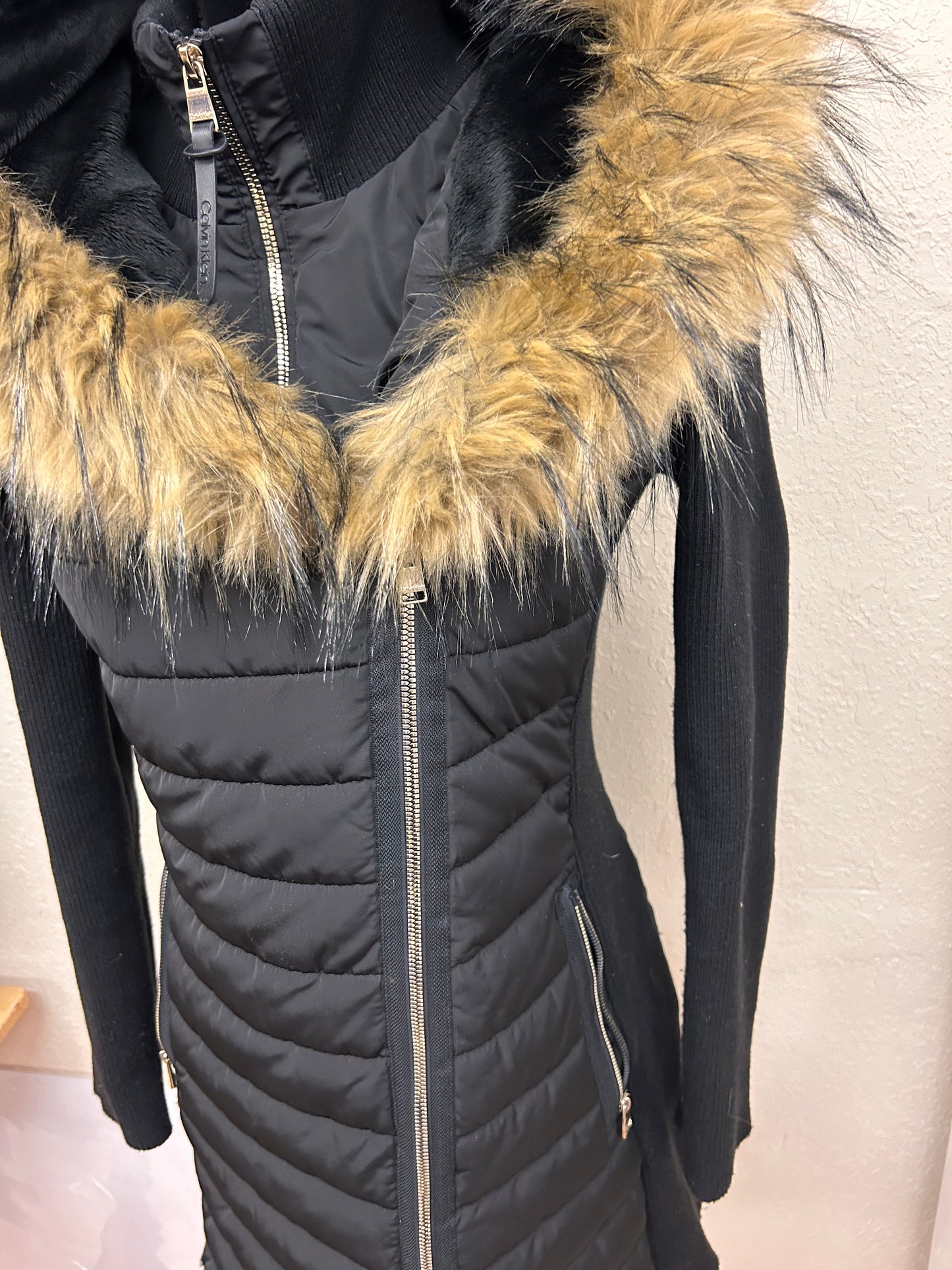 Calvin Klein small black fur trim hood fall jacket