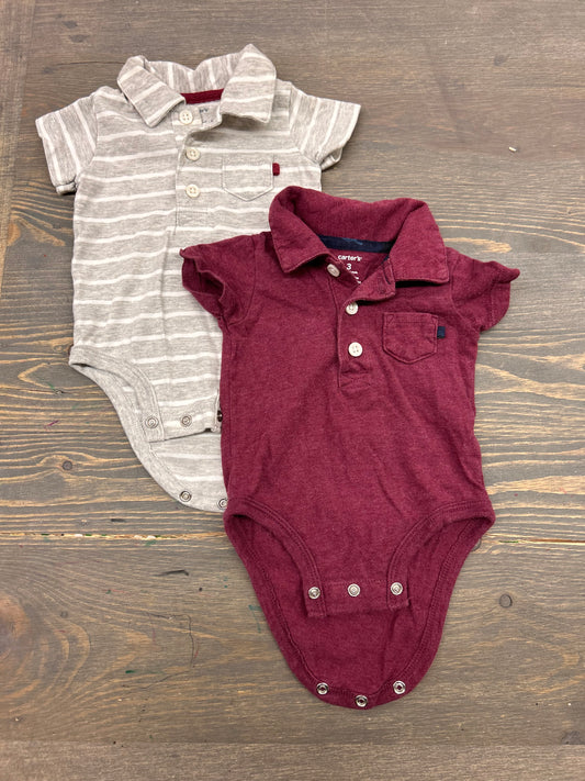 Carters 3m grey striped & burgundy polo onesie bundle