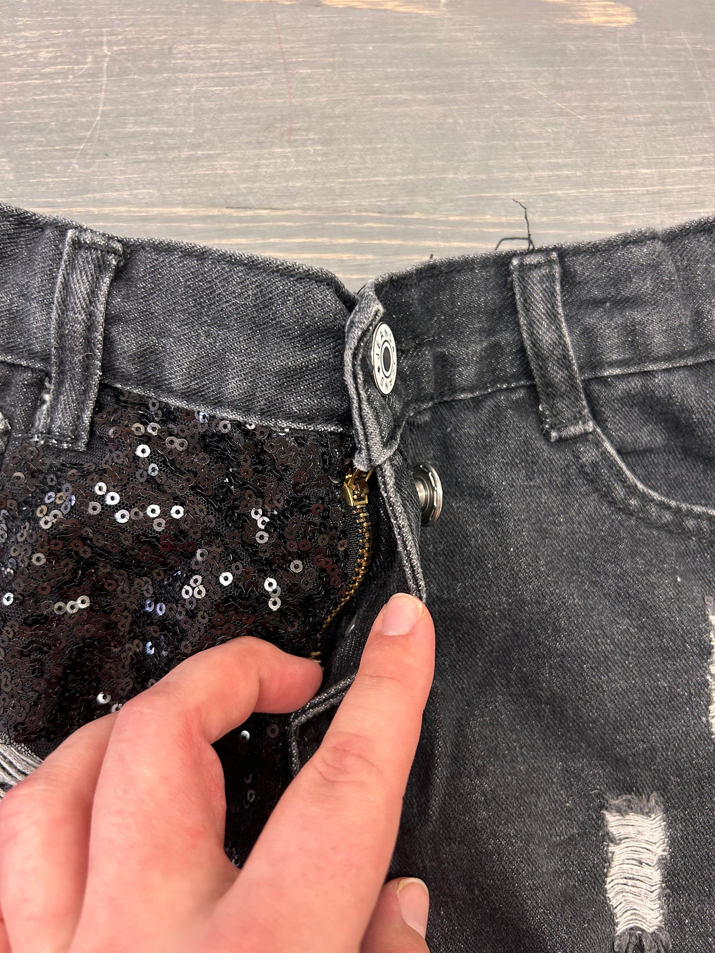 Small shop 7 black glitter denim shorts