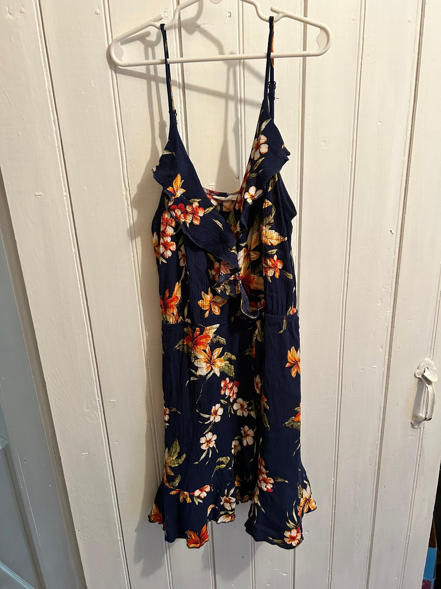 Bluenotes medium navy & orange floral ruffle dress