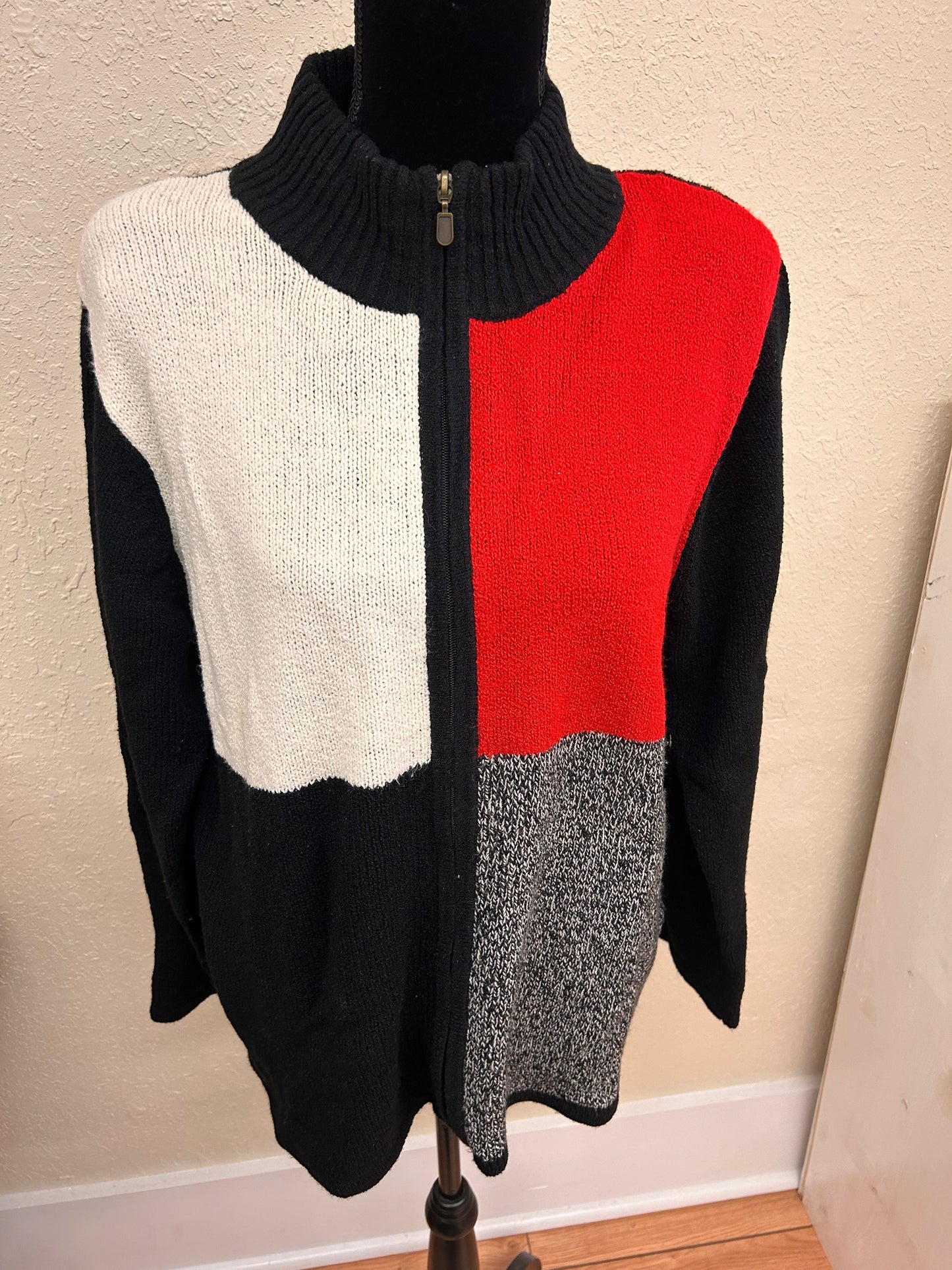 Alia large red & grey colour-block knit zip up sweater