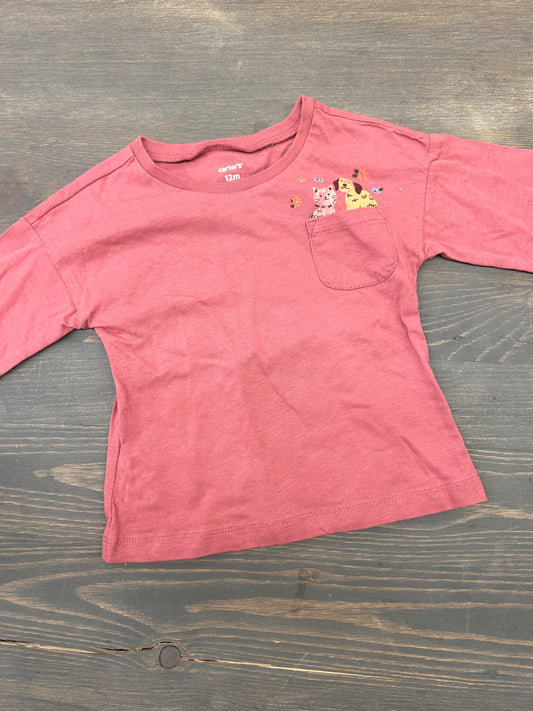 Carters 12m pink animal pocket shirt