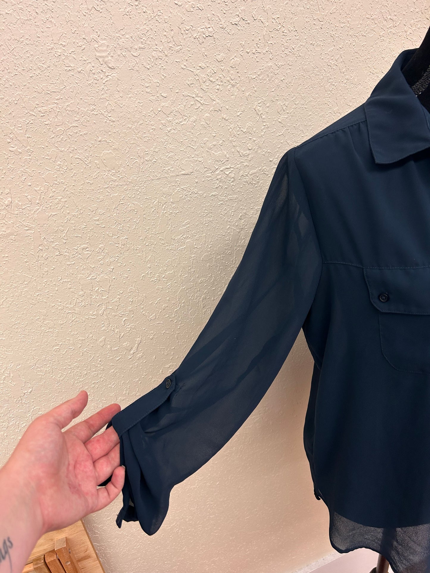 Kismet large navy blue sheer button up shirt