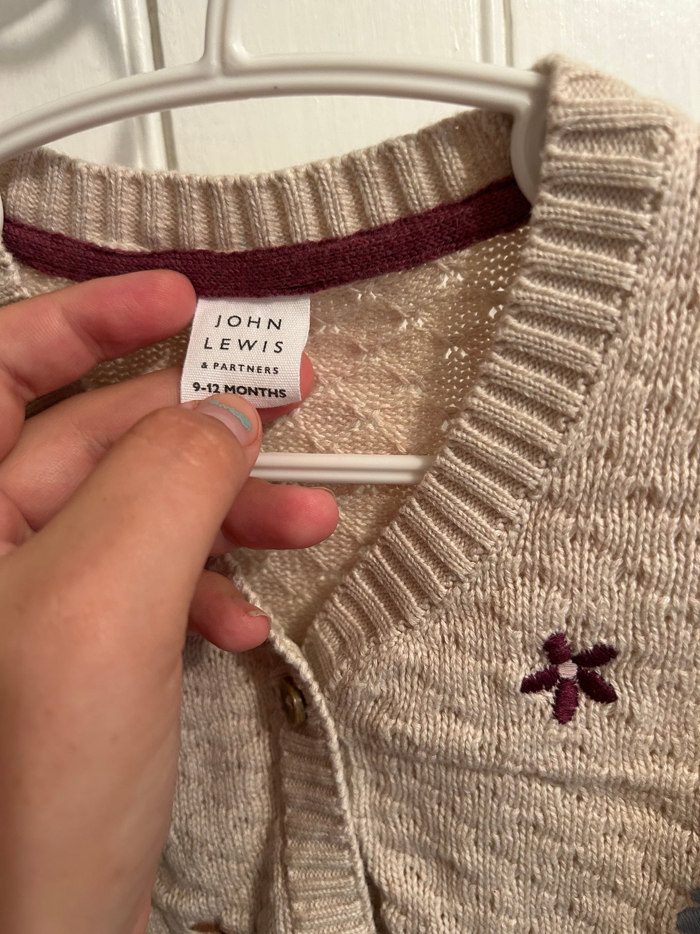 John Lewis 9/12m tan floral knot cardigan
