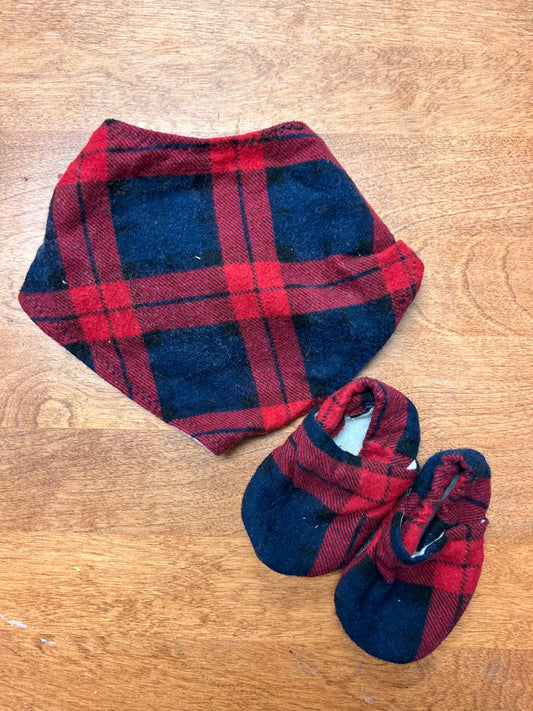 Handmade red & blue flannel Bib and slippers