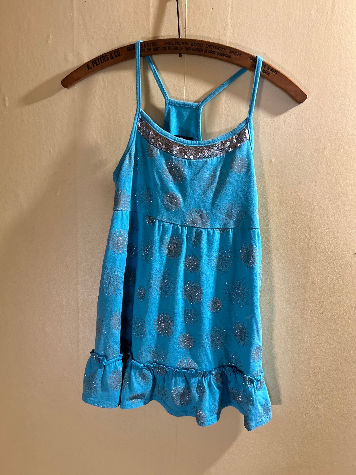 George youth medium teal & silver floral tank dress