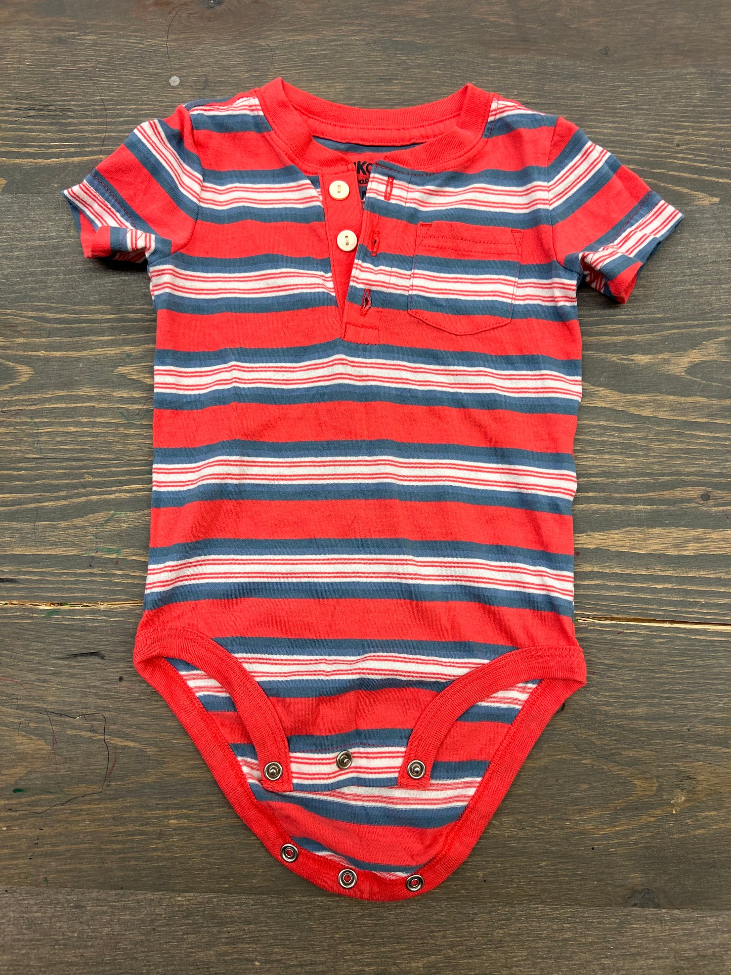 Oshkosh 12m red & blue striped onesie