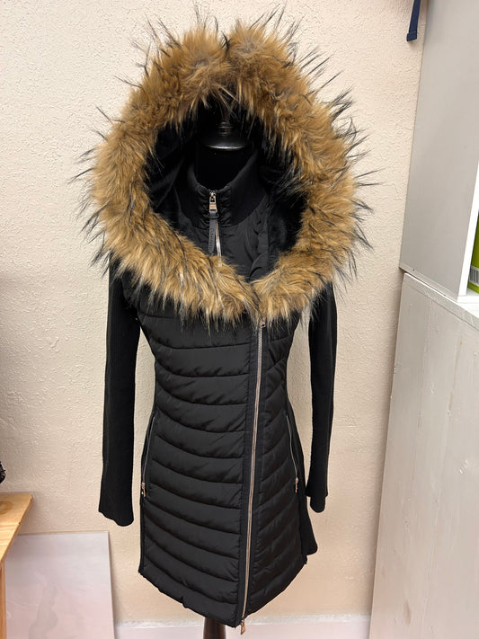 Calvin Klein small black fur trim hood fall jacket