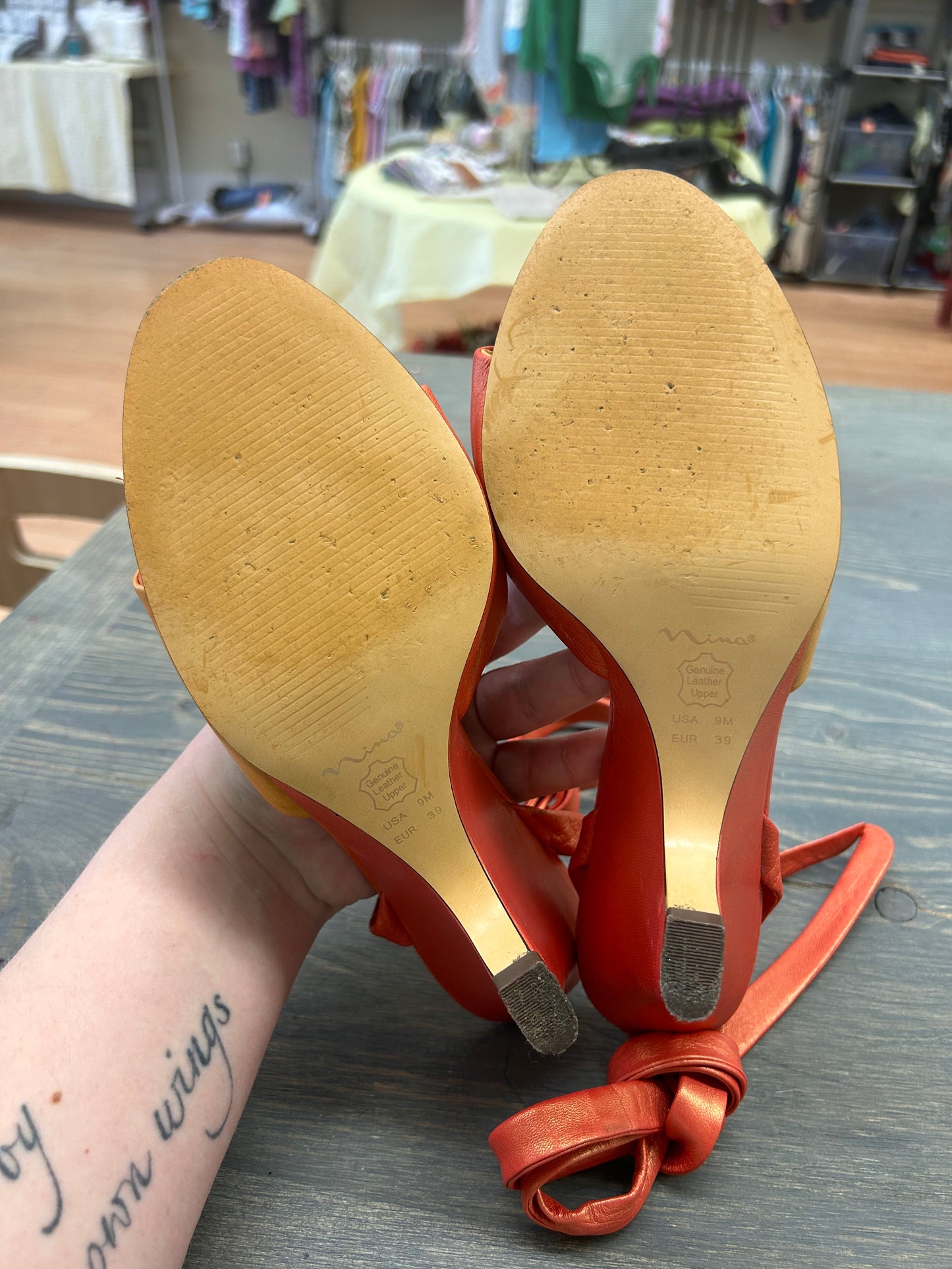 Nina 9 metallic orange peep toe strapy high heels