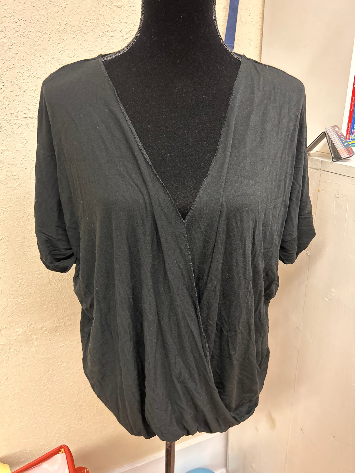 Zenana large black vneck wrap top