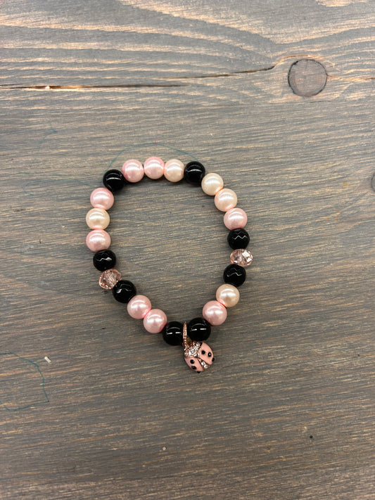 Pink & black ladybug kids gemstone bracelet