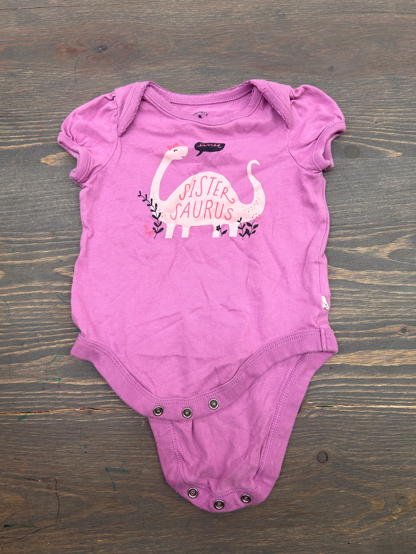 Gap 3/6m purple sister-saurus onesie