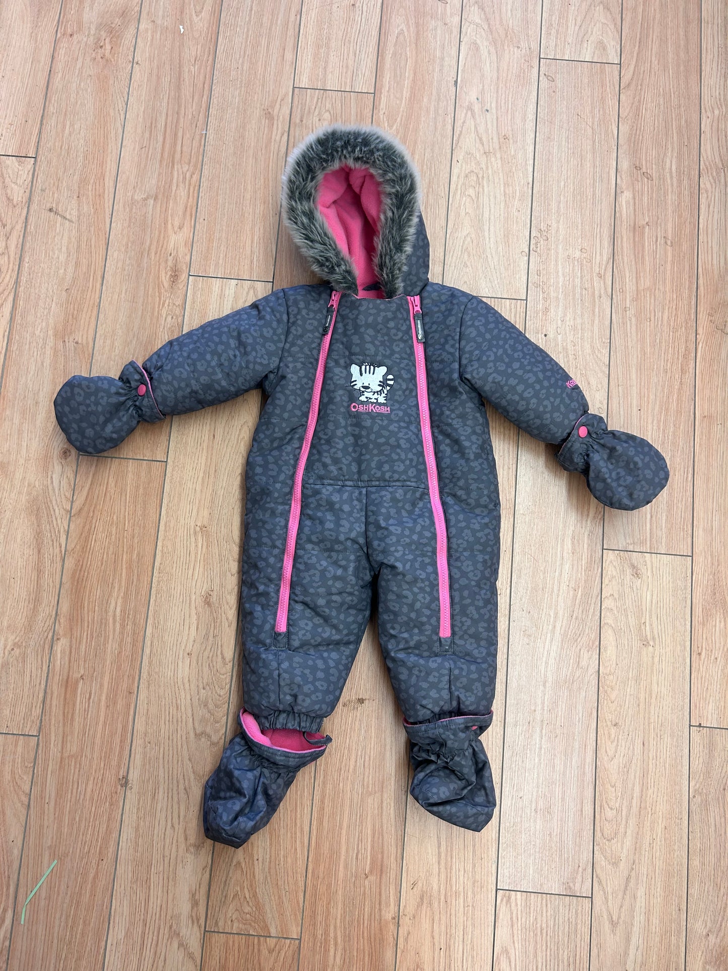 Oshkosh 12m grey cheetah snow suit