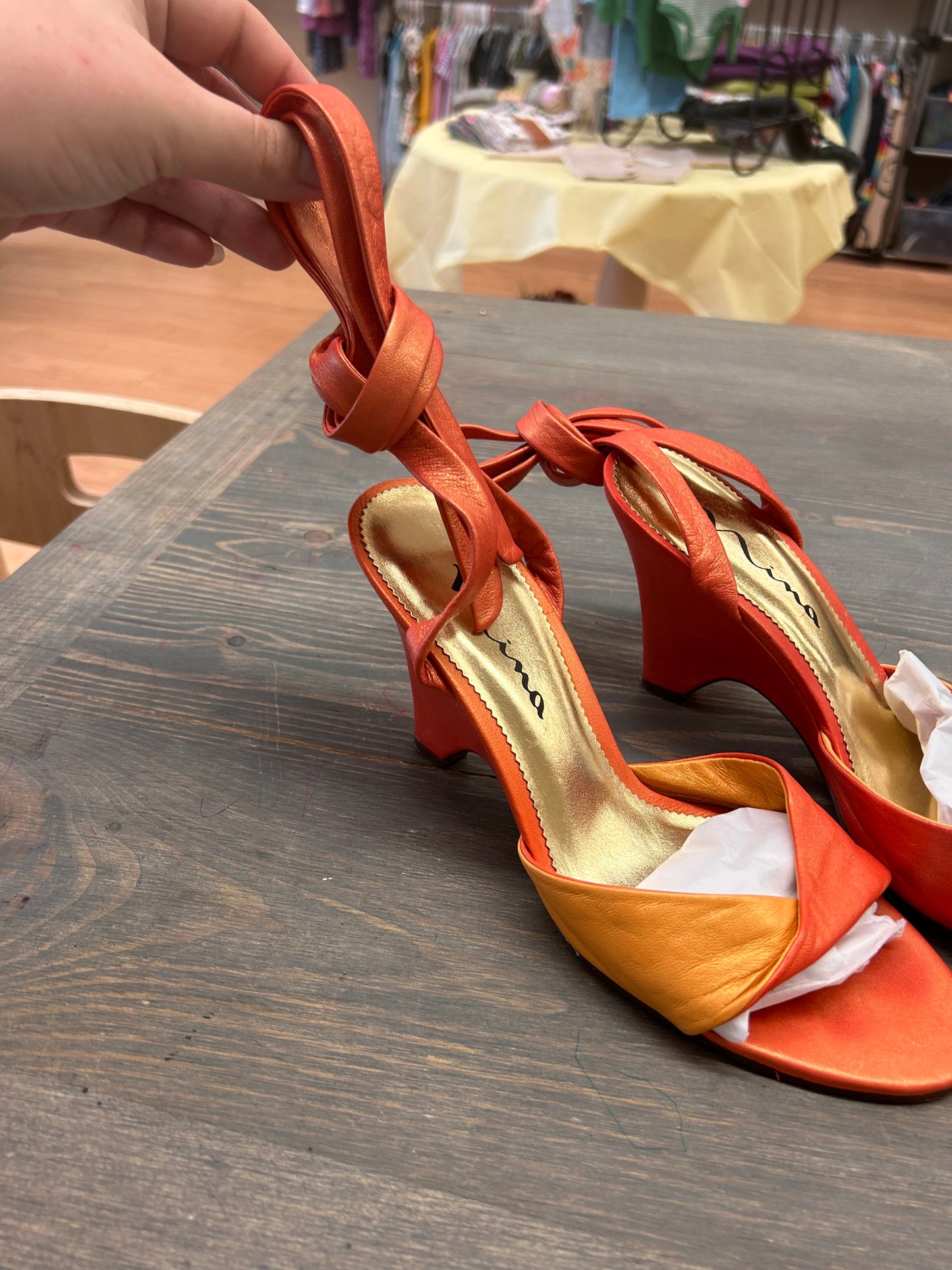 Nina 9 metallic orange peep toe strapy high heels