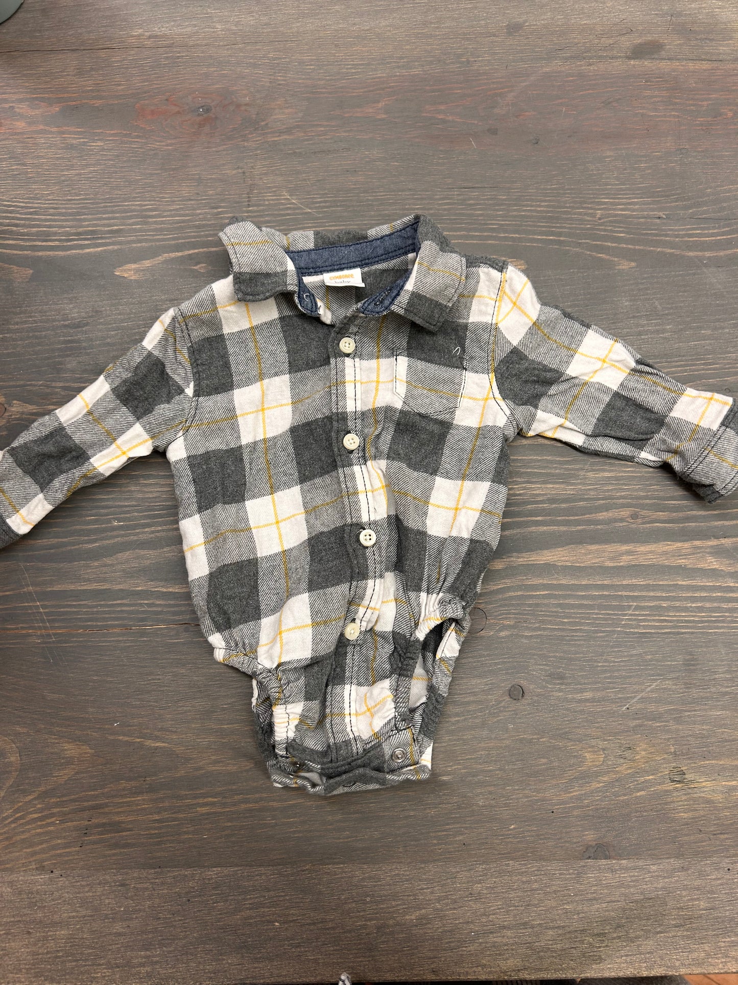 Gymboree 3/6m grey & yellow flannel onesie