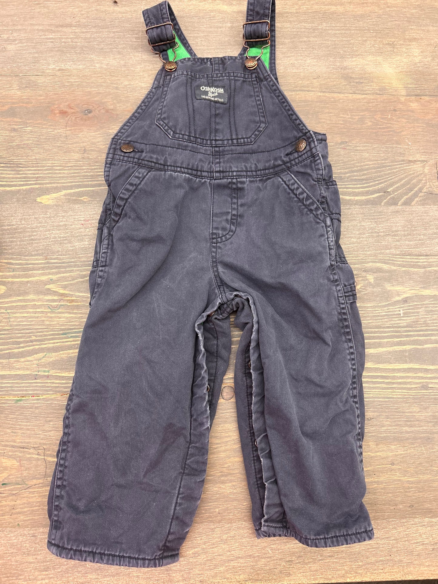 Oshkosh 24m navy overalls with green fleece lining