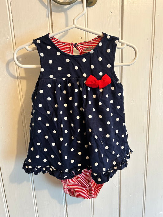Carters 18m navy & red polka dot striped open back romper
