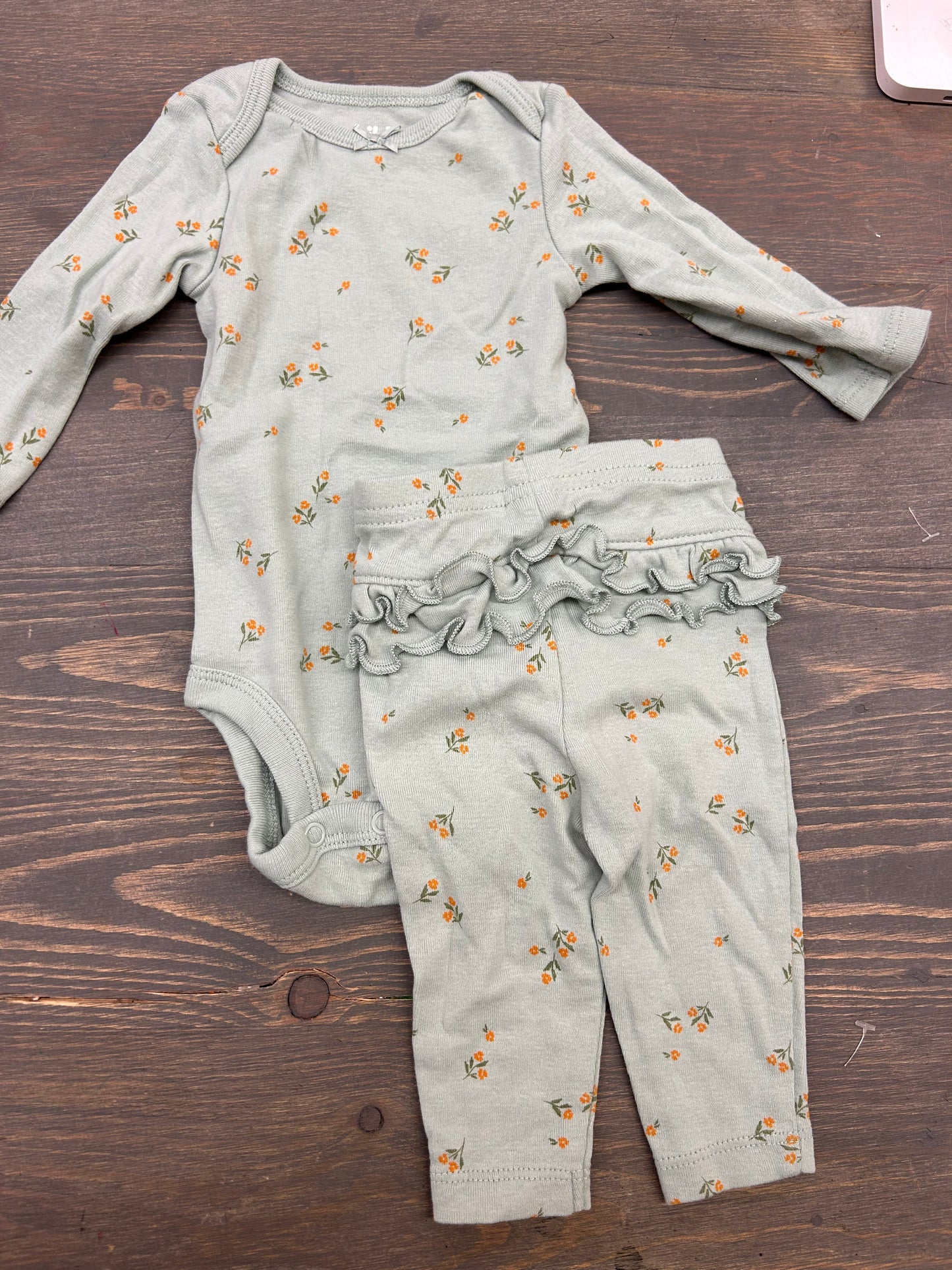 Carters 0/3m mint green floral 2pc set