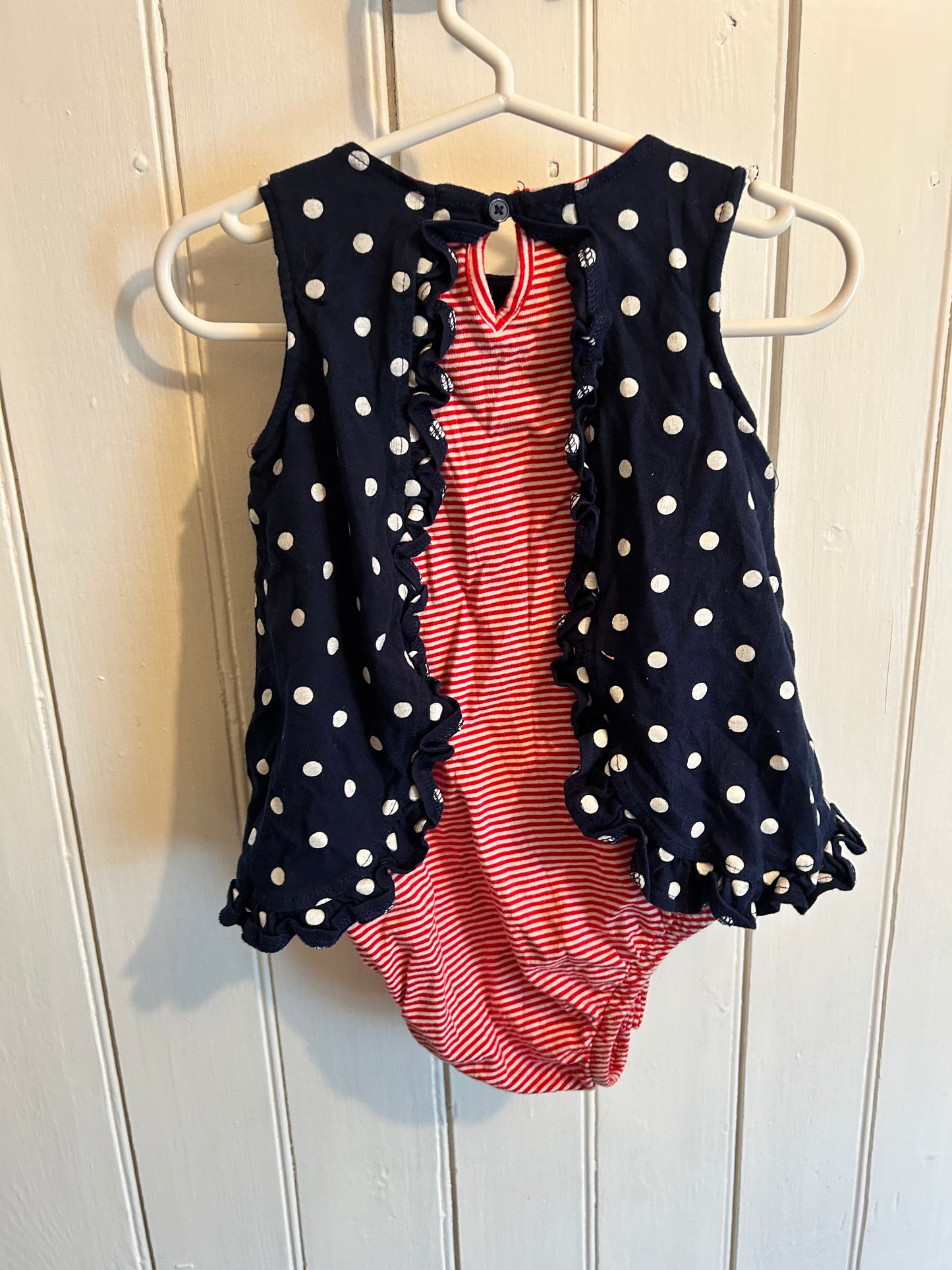 Carters 18m navy & red polka dot striped open back romper
