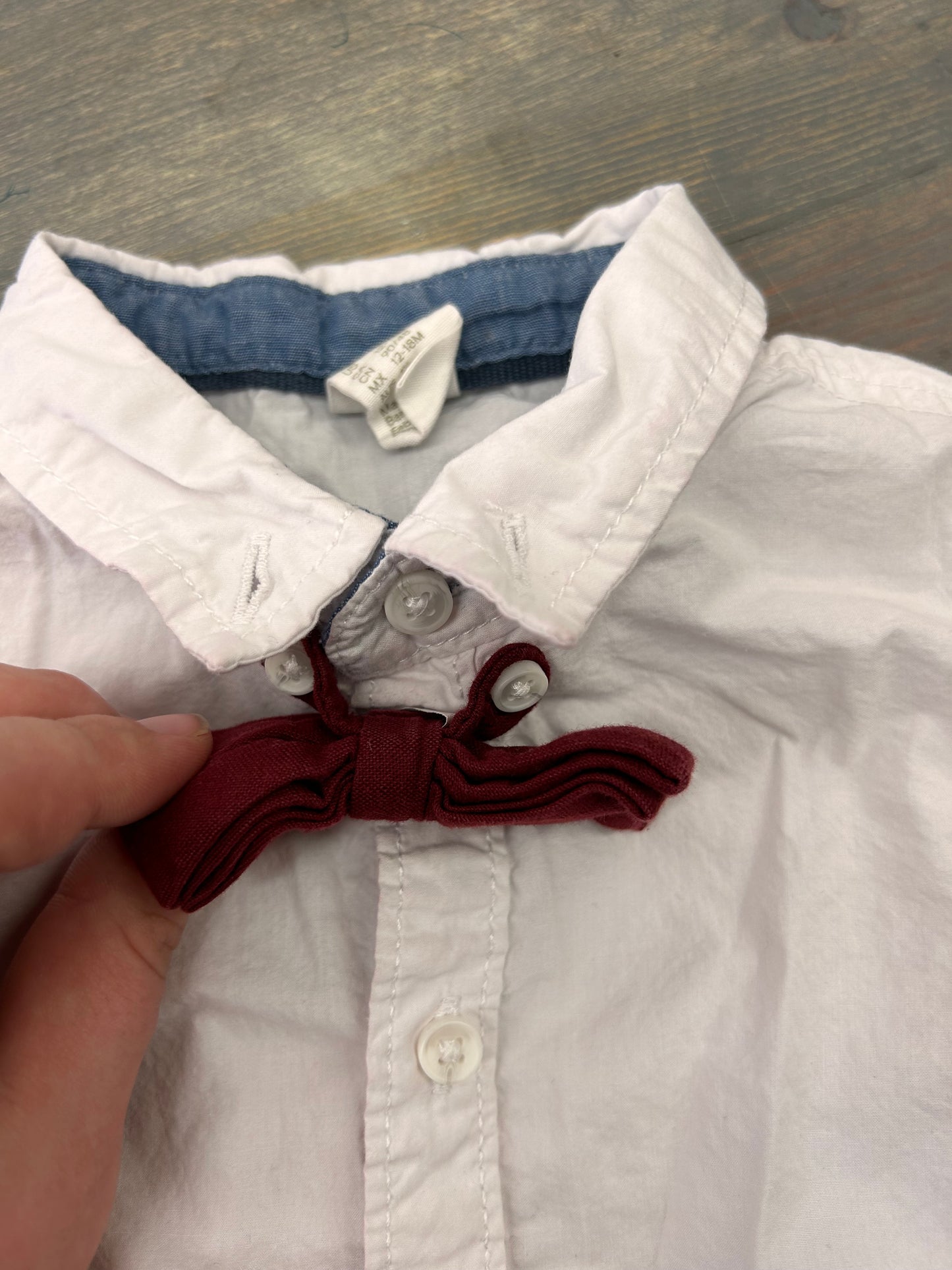 H&M 12/18m off white button up shirt with red bow tie