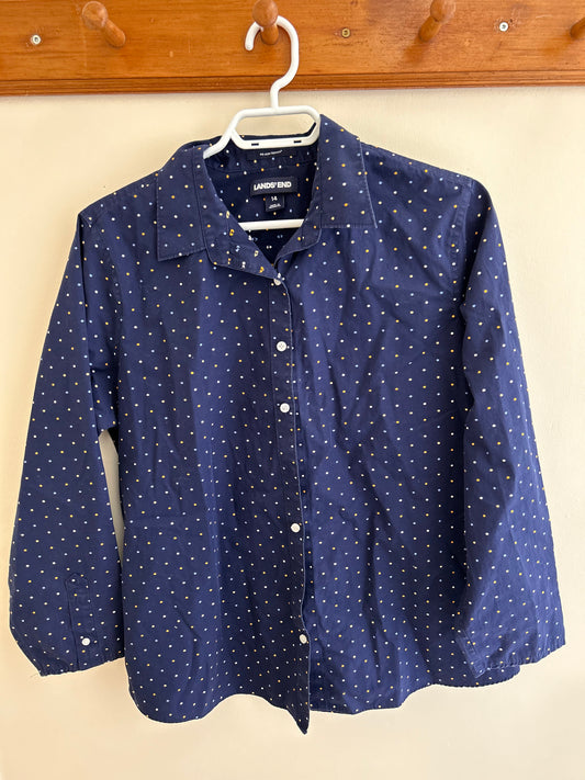 Lands end youth 14 navy polka dot button up shirt