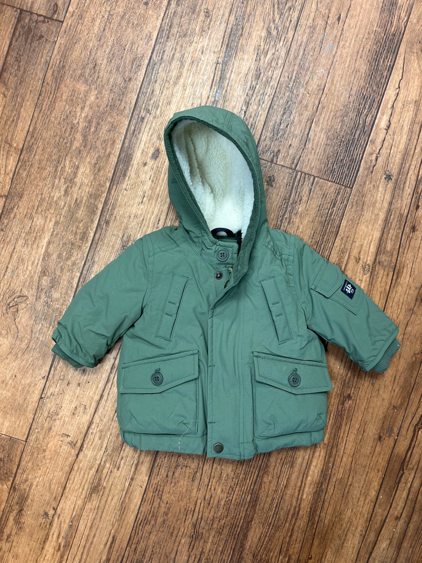 Gap 0/6m green Sherpa lined Winter coat