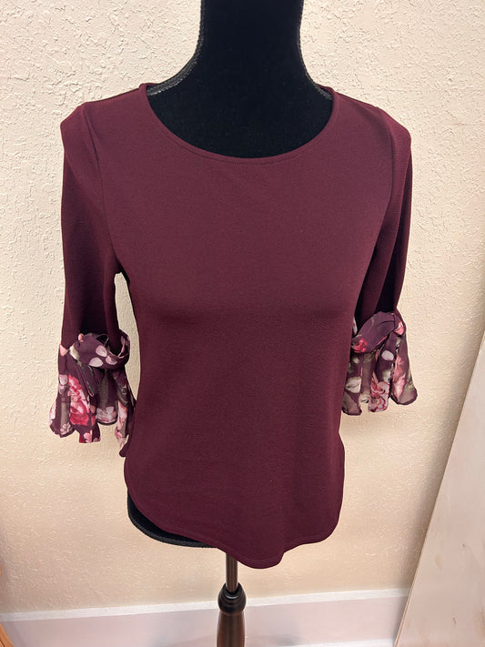 7th ave xs burgundy floral flare sleeve blouse