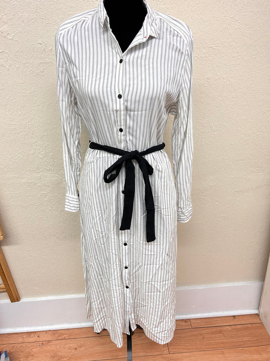 Joe fresh large black & white striped long sleeve button up midi dress