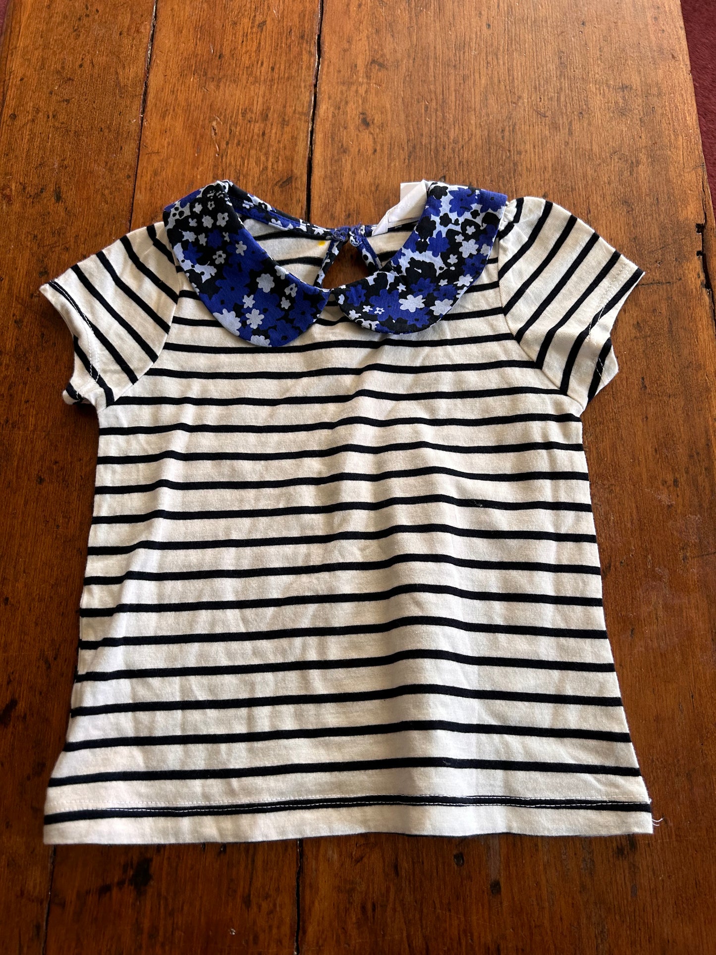 Joe fresh 18/24m black & white striped top with blue floral collar